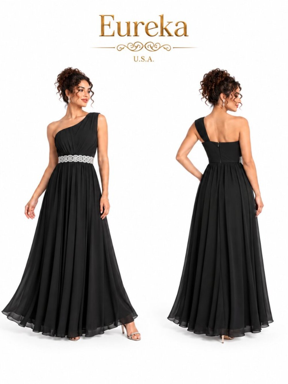 Eureka Fashion Black One Shoulder Rhinestone Waist Maxi Formal Dress 1924 Medium